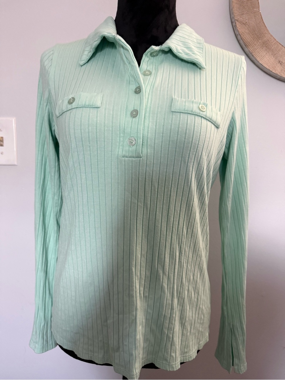 Cyrus Pastel Mint Ribbed Button-Front Polo Top
